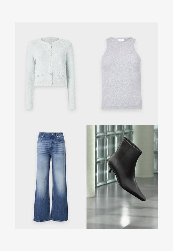Cardigan court bleu clair en tissu texturé, doté de longues manches, d'un col rond et de cinq boutons avec des accents décoratifs.; Haut sans manches gris en tissu tricoté texturé, avec un col rond et une bordure contrastante autour du cou.; Jean large bleu clair en denim, avec une taille haute, une texture délavée et une étiquette de marque sur la poche arrière.; Bottine en cuir noir avec bout pointu et petit talon, présentée devant un mur en blocs de verre et un sol poli.
