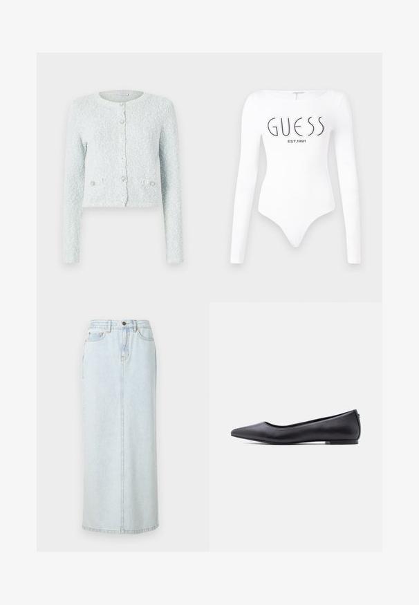 Lichtblauwe cropped cardigan van gestructureerde stof, met lange mouwen, een ronde halslijn en vijf knopen met decoratieve accenten.; Witte lange mouw bodysuit met een ronde hals. Voorzien van het 'GUESS' logo en 'EST.1981' in het zwart gedrukt op de voorkant. Soepele textuur.; Lichtblauwe denim maxi rok met een rechte snit, voorzijde met knopen en zichtbare stiksels. Bevat twee voorzakken.; Zwarte platte leren schoen met puntige neus en lage hak, zijaanzicht tegen een witte achtergrond.
