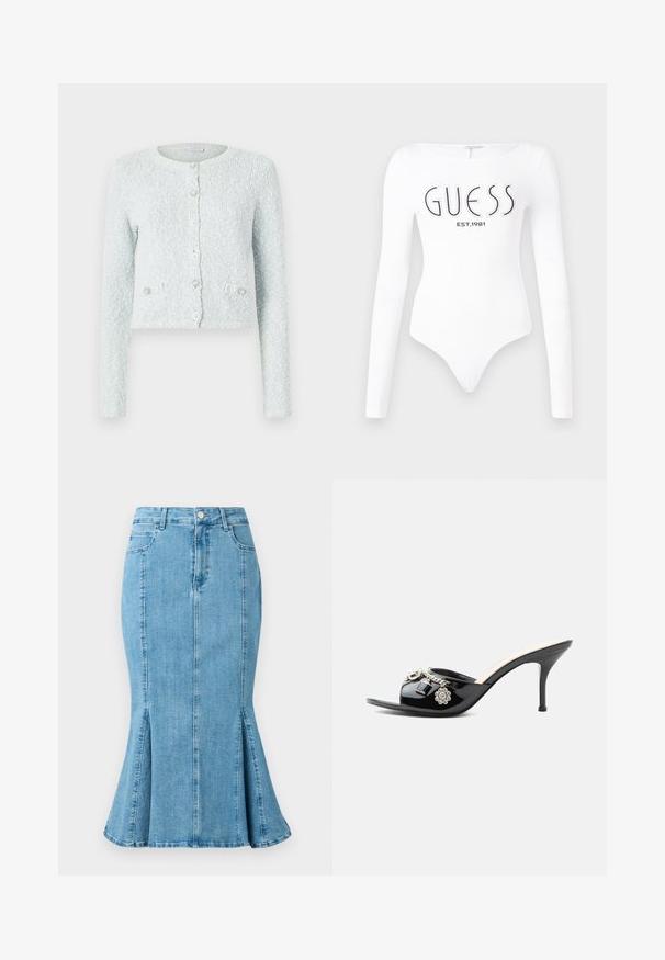 Lyseblå cropped cardigan lavet af tekstureret stof, med lange ærmer, rund halslinning og fem knapper med dekorative detaljer.; Hvid langærmet bodystocking med rund halsudskæring. Har "GUESS" logo og "EST.1981" trykt i sort på forsiden. Glat tekstur.; Lyseblå denim blyantskirt med flared nederdel og slidser i siden, med en frontknaplukning og lommer. Enkel, ren design.; Sort laklæder højt hælet mule med åben tå og dekorative sølvcharme inklusive en blomst og hængelås på frontstroppen.