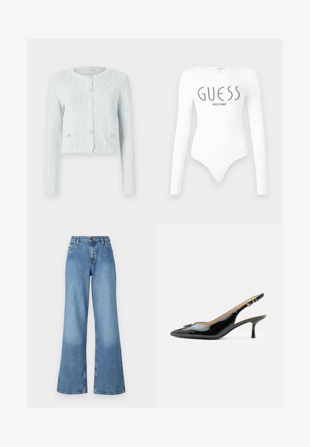 Lichtblauwe cropped cardigan van gestructureerde stof, met lange mouwen, een ronde halslijn en vijf knopen met decoratieve accenten.; Witte lange mouw bodysuit met een ronde hals. Voorzien van het 'GUESS' logo en 'EST.1981' in het zwart gedrukt op de voorkant. Soepele textuur.; Hoge taille wijde spijkerjeans in blauw met voorzakken, riemlussen en een knoop- en ritssluiting.; Zwarte lakleren slingback hak met spitse neus, kleine kittenhak en zilveren gespsluiting op een effen witte achtergrond.