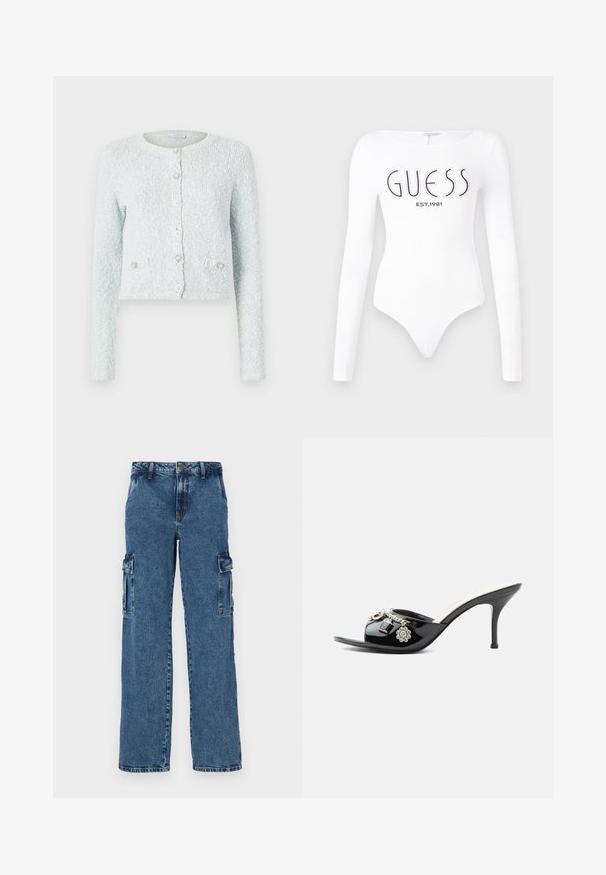 Cardigan court bleu clair en tissu texturé, doté de longues manches, d'un col rond et de cinq boutons avec des accents décoratifs.; Body à manches longues blanc avec un col rond. Présente le logo "GUESS" et "EST.1981" imprimés en noir sur le devant. Texture lisse.; Pantalons cargo en denim bleu avec une coupe décontractée, dotés de deux poches latérales, de coutures renforcées et d'une coupe droite.; Mule à talon haut en cuir verni noir avec bout ouvert et breloques argentées décoratives comprenant une fleur et un cadenas sur la bride avant.
