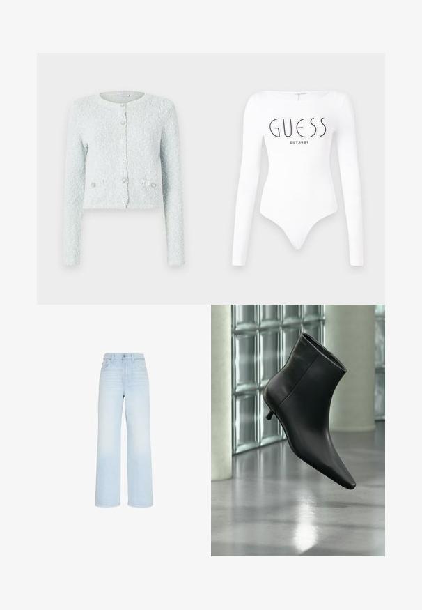 Cardigan court bleu clair en tissu texturé, doté de longues manches, d'un col rond et de cinq boutons avec des accents décoratifs.; Body à manches longues blanc avec un col rond. Présente le logo "GUESS" et "EST.1981" imprimés en noir sur le devant. Texture lisse.; Jean large taille haute bleu clair avec fermeture boutonnée et zippée devant, passants de ceinture, poches avant et arrière.; Bottine en cuir noir à bout pointu et petit talon kitten, présentée en angle devant un sol poli et un mur en blocs de verre.