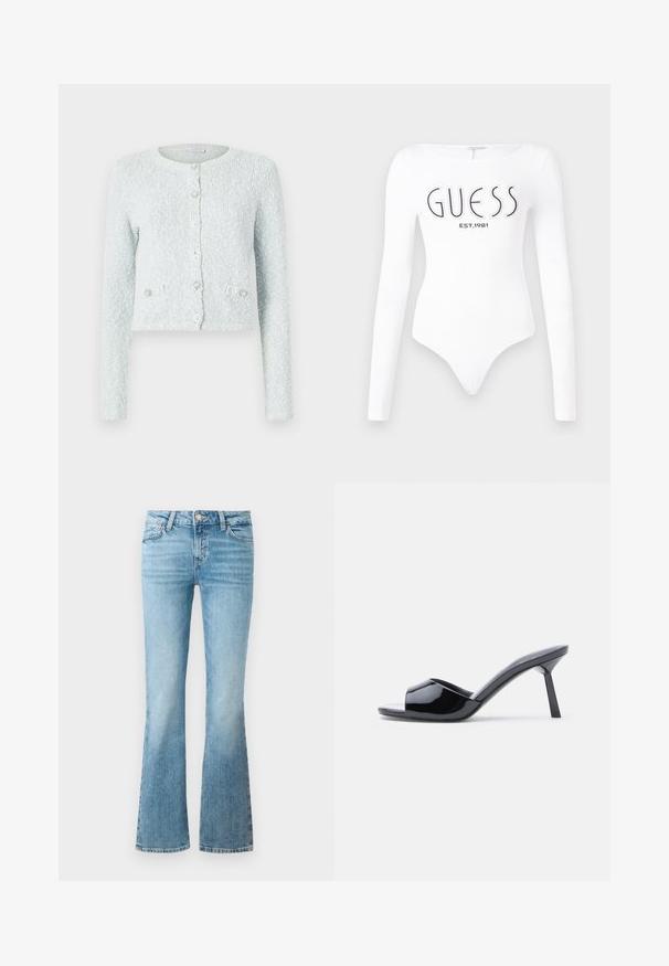 Cárdigan corto de color azul claro hecho de tejido texturizado, con mangas largas, escote redondo y cinco botones con detalles decorativos.; Bodysuit blanco de manga larga con escote redondo. Presenta el logo "GUESS" y "EST.1981" impresos en negro en la parte frontal. Textura suave.; Pantalones de mezclilla de campana en azul claro con bolsillos delanteros, pasadores para cinturón y cierre de botón.; Sandalias de tacón con punta abierta de charol negro, con un diseño superior curvado y tacón de aguja cónico. Acabado liso y brillante.
