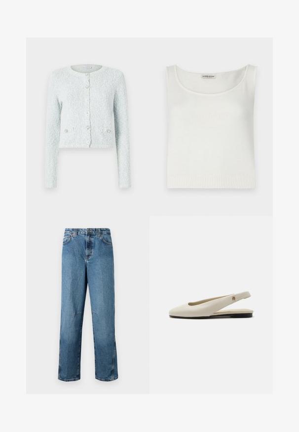 Lyseblå cropped cardigan lavet af tekstureret stof, med lange ærmer, rund halslinning og fem knapper med dekorative detaljer.; Hvid ærmeløs top lavet af strikstof med en rundet halsudskæring og ribbet kant. Har et præget "GUESS JEANS" logo på forsiden.; Lyseblå denimjeans med lige pasform, udstyret med stiklommer, en frontknaplukning og minimal falmning på stoffet.; Flatsko i cremefarvet læder med rundet tå og lille guldemblem på remmen.