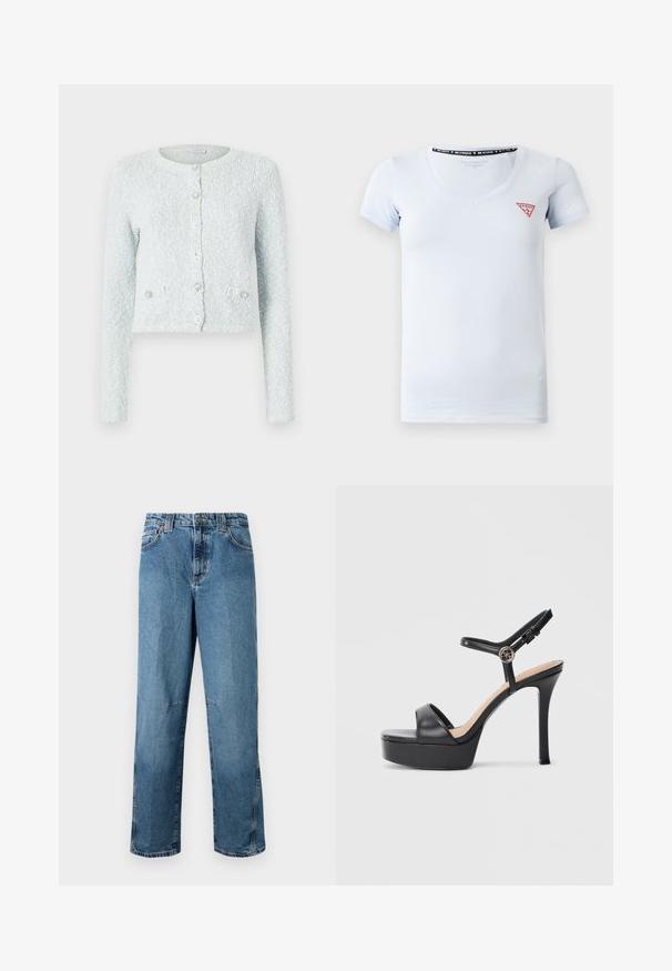 Lyseblå cropped cardigan lavet af tekstureret stof, med lange ærmer, rund halslinning og fem knapper med dekorative detaljer.; Lyseblå kortærmet V-hals t-shirt med et lille rødt og hvidt trekantet Guess-logo på venstre side af brystet.; Lyseblå denimjeans med lige pasform, udstyret med stiklommer, en frontknaplukning og minimal falmning på stoffet.; Sorte platformsandaler med høj stiletthæl, der har en glat læderoverdel, peep toe-design og en justerbar ankelrem med metalbeslag.