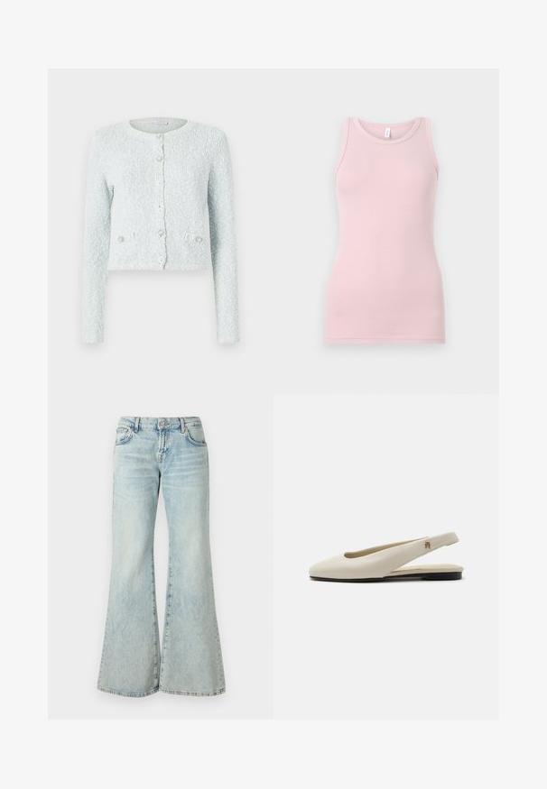 Lyseblå cropped cardigan lavet af tekstureret stof, med lange ærmer, rund halslinning og fem knapper med dekorative detaljer.; Lyserød tanktop lavet af blød og strækbar stof. Har en rund halsudskærm og smalle skulderstropper, med en glat tekstur og tætsiddende pasform.; Lyseblå flared jeans lavet af denim, med høj talje, lommer og frynset kant. Stoffet har et slidt look og en subtil struktur.; Flatsko i cremefarvet læder med rundet tå og lille guldemblem på remmen.