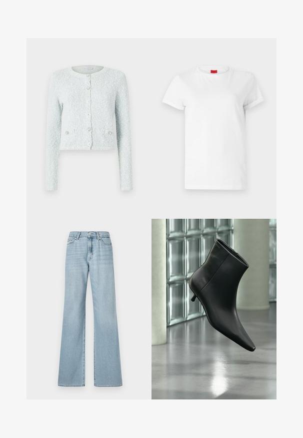 Lichtblauwe cropped cardigan van gestructureerde stof, met lange mouwen, een ronde halslijn en vijf knopen met decoratieve accenten.; Witte T-shirt met korte mouwen, gemaakt van lichtgewicht katoen. Heeft een ronde hals en opgerolde mouwen. Rode merketiket op de kraag.; Lichtblauwe wijde jeans van denim, met een hoge taille, voorkruiken en een subtiele vervaging door de stof.; Zwarte leren enkellaars met spits toelopende neus en lage kittenhak, schuin weergegeven tegen een gepolijste vloer en een glazen blokken muur als achtergrond.