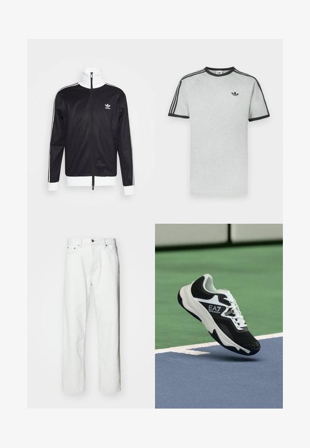 Must mustrik mütsadega, valged aktsendid, täispikk tõmblukk, kõrge krae, pikad varrukad ja Adidas logo vasakul rinnal. Sile kangas.; Hall hall t-särk mustade detailidega, millel on ümarsärk ja lühikesed varrukad. Õlgadel kolm musta triipu, rinnal väike logo.; Valged teksapüksid sirge lõikega, viie taskuga disain, nupuga kinnitamine ja peened õmbluse detailid. Sile tekstuur ja minimalistlik stiil.; Mustvalge EA7 Emporio Armani tossu ripub siniste ja roheliste tenniseväljakute joonte kohal.