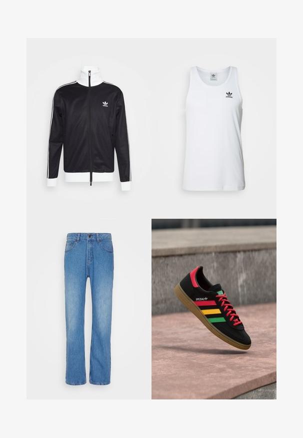 Must mustrik mütsadega, valged aktsendid, täispikk tõmblukk, kõrge krae, pikad varrukad ja Adidas logo vasakul rinnal. Sile kangas.; Valge sooniline tank top ümmarguse kaelusega, must Adidas logo vasakul rinnal ning ilma varrukateta. Pehme puuvillane materjal, juhuslik sobivus.; Denim Project DPMMR LOOSE - Loose fit teksad - blue denim wash; Must Adidas Spezial tossud punaste, kollaste ja roheliste triipude, punaste paelte, kummist tallaga ja punase kontsaga detailiga, kujutatud õhus tänava kohal hõljuvana.