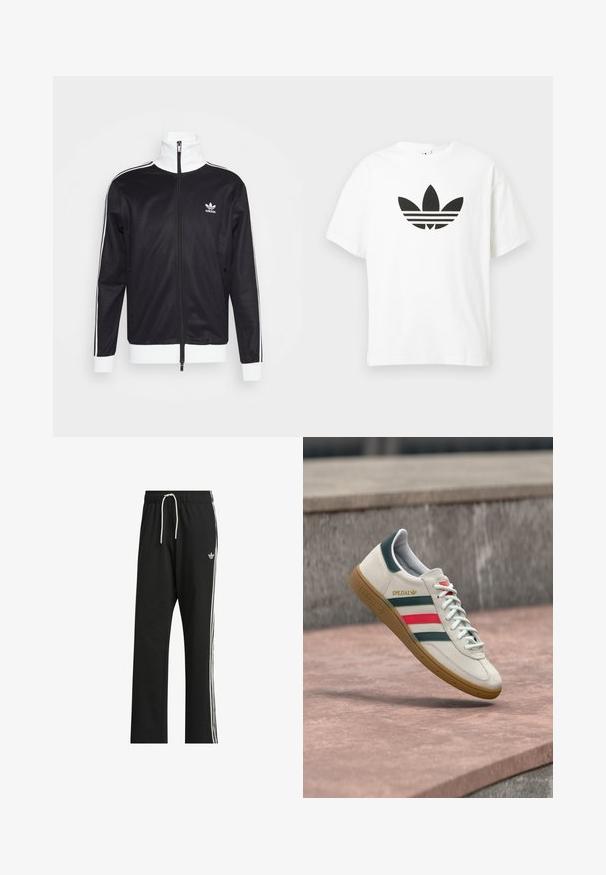 Veste de survêtement noire avec des accents blancs, fermeture éclair complète, col montant, manches longues et logo Adidas sur la poitrine gauche. Texture de tissu lisse.; T-shirt en coton blanc avec un grand logo trefoil noir d'Adidas et trois bandes horizontales en dessous. Manches courtes, col ras du cou.; adidas Originals Pantalon de survêtement - black; Baskets blanches Adidas avec des rayures vertes et rouges, semelle en gomme, et marquage "SPEZIAL", flottant au-dessus d'un pavement en pierre.