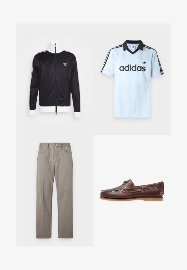 Must mustrik mütsadega, valged aktsendid, täispikk tõmblukk, kõrge krae, pikad varrukad ja Adidas logo vasakul rinnal. Sile kangas.; Hele sinine spordisärk musta kraega, millel on vertikaalsed triibud ning igal varrukal kolm musta triipu. "adidas" logo mustana.; Hallid denim püksid otse lõikega, nuppude kinnitusega, ees olevate taskutega ja peentelt õmblusdetailidega. Ilma mustrite või kulumismärkideta.; Pruun nahast paatking, valgete õmbluste, paelte detailide ja helepruuni kummitaldaga, nähtud küljelt valgel taustal.