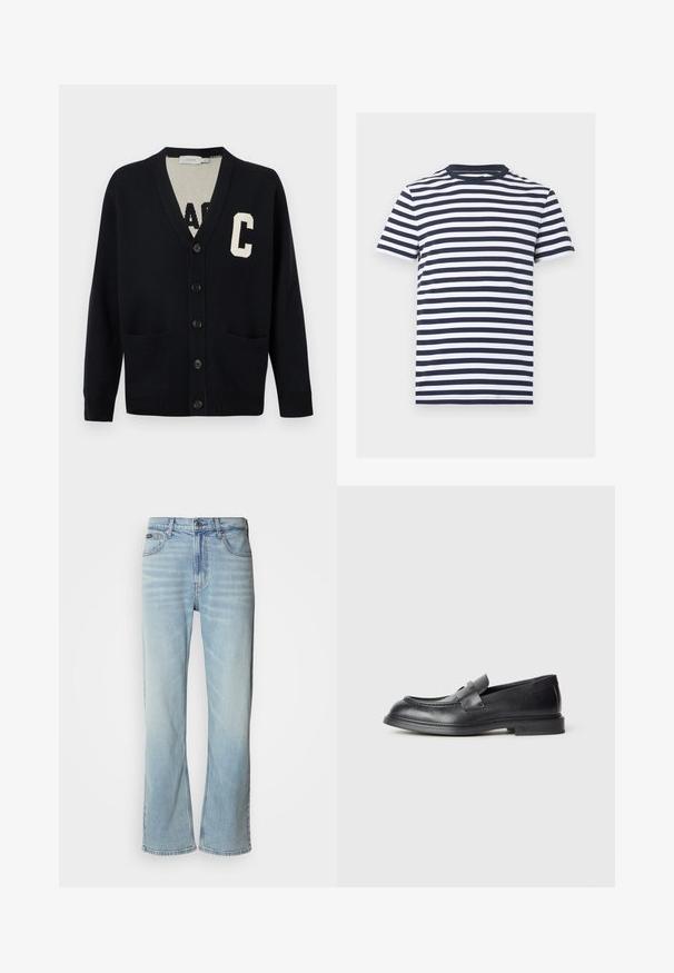 Cardigan noir boutonné avec col en V, deux poches avant, poignets et ourlet côtelés, et une grande lettre "C" blanche sur la poitrine gauche.; T-shirt homme manches courtes col rond avec des rayures horizontales bleu marine et blanc sur fond uni.; Jeans en denim bleu clair avec une coupe droite, dotés de cinq poches, d'une fermeture à bouton et d'une légère décoloration sur le tissu.; Mocassins en cuir noir avec une finition texturée, dotés d'une bride décorative à l'avant et d'un bout arrondi. Semelle en caoutchouc pour plus de durabilité.