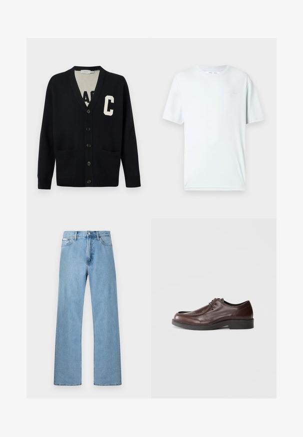 Cardigan noir boutonné avec col en V, deux poches avant, poignets et ourlet côtelés, et une grande lettre "C" blanche sur la poitrine gauche.; T-shirt en coton bleu clair avec col rond, manches courtes et un logo brodé minimaliste sur la poitrine. Texture lisse, design simple.; Jean en denim bleu clair coupe droite à cinq poches avec fermeture à boutons à la taille, présenté sur un fond uni.; Chaussure habillée en cuir marron avec un bout arrondi, des accents de couture minimum, et une semelle noire robuste. Présente un système de laçage et une texture lisse.