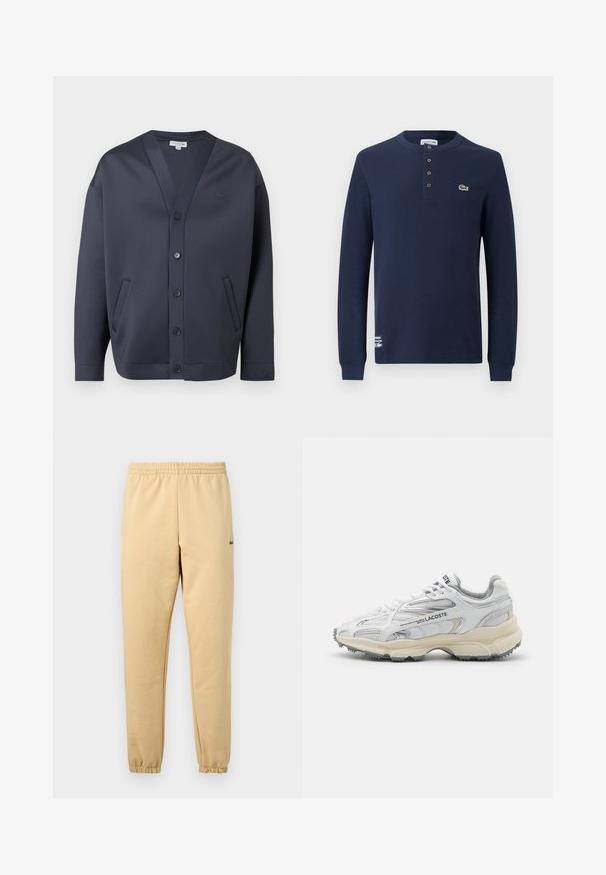 Cardigan boutonné bleu marine foncé avec col en V, deux poches latérales et petit logo brodé sur la poitrine et le poignet de la manche.; Chemise henley bleu marine à manches longues avec texture côtelée, quatre boutons, logo crocodile Lacoste sur la poitrine et étiquette de la marque près de l'ourlet.; Pantalon de jogging beige avec taille élastique et poignets, arborant un petit logo crocodile vert brodé sur la cuisse droite.; Baskets de sport blanches avec des accents gris, tige en maille et synthétique, design à lacets et semelle en caoutchouc texturée avec motifs de traction.