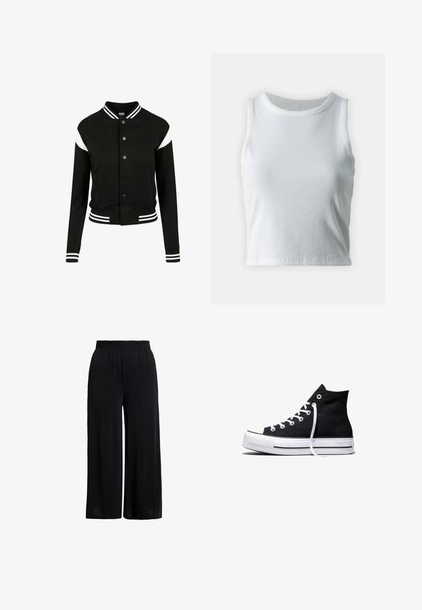 Veste varsity noire avec des accents blancs, poignets et ourlet côtelés, fermeture à boutons, deux poches latérales, fabriquée en tissu doux. Design sportif classique.; Débardeur blanc côtelé avec un décolleté rond et sans manches, présentant un ourlet droit et une texture lisse et extensible.; Pantalon noir à jambes larges avec ceinture élastique, confectionné en tissu léger pour une coupe décontractée.; Baskets montantes en toile noire avec semelle en caoutchouc blanche et lacets blancs, vues de côté sur un fond blanc.