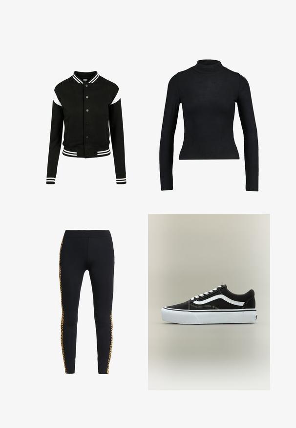 Sort varsityjakke med hvide accenter, ribbede manchetter og kant, knaplukning, to sidelommer, fremstillet af blødt stof. Klassisk sportsdesign.; Sort langærmet turtleneck top lavet af ribbet stof, med en tætsiddende design og slank silhuet. Ingen mønstre eller detaljer.; Sorte leggings med en tætsiddende pasform, der har leopardprint sidelister, lavet af et strækbart materiale for komfort og bevægelse.; Lavtop sort sneaker med hvid side stribe, hvide snørebånd, hvid gummisål og tekstureret tåhætte på neutral baggrund.