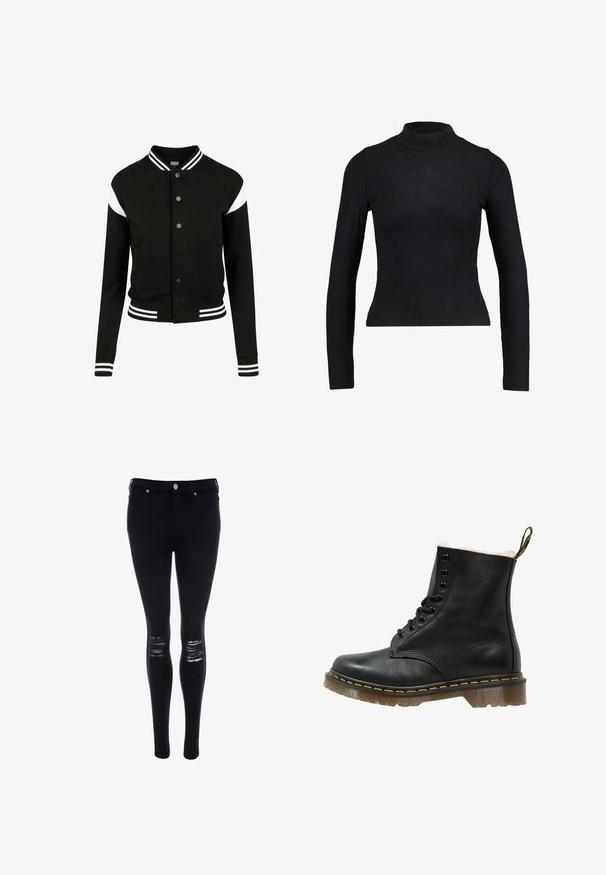 Chaqueta tipo varsity negra con acentos en blanco, puños y dobladillo acanalados, cierre de botones, dos bolsillos laterales, hecha de un tejido suave. Diseño deportivo clásico.; Top negro de manga larga y cuello alto, hecho de tela acanalada, con un diseño ajustado y silueta esbelta. Sin patrones ni acentos.; Jeans ajustados negros hechos de denim con una textura suave, con acentos rasgados en las rodillas y un diseño de corte slim, asegurados con un botón en la parte delantera.; Botín de cuero negro con un suave forro blanco, punta redonda, seis ojales para cordones, costuras amarillas y suela de goma translúcida.