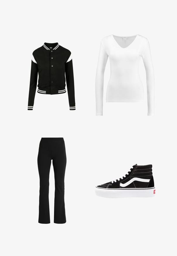 Chaqueta tipo varsity negra con acentos en blanco, puños y dobladillo acanalados, cierre de botones, dos bolsillos laterales, hecha de un tejido suave. Diseño deportivo clásico.; Top blanco de manga larga y cuello en V, hecho de una tela suave y ligera; diseño ajustado sin patrones adicionales ni detalles de hardware.; Pantalones acampanados negros hechos de una tela elástica. Presentan una cinturilla ancha y una textura suave, diseñados para ajustarse al cuerpo en la cadera.; Zapatillas altas negras con cordones blancos, un logo blanco y costuras en blanco que contrastan. Presentan una suela blanca gruesa y una parte superior de ante texturizado.