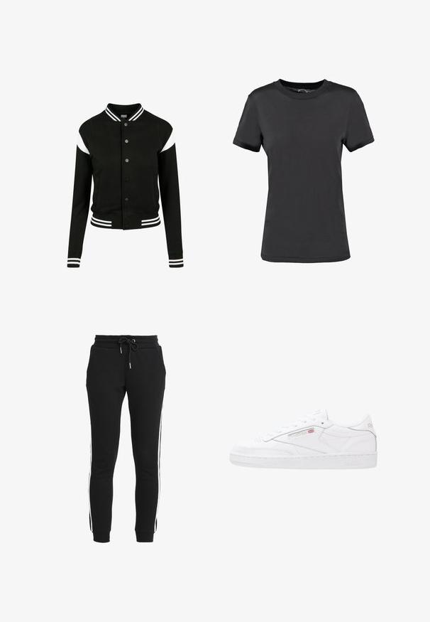 Sort varsityjakke med hvide accenter, ribbede manchetter og kant, knaplukning, to sidelommer, fremstillet af blødt stof. Klassisk sportsdesign.; Sort kortærmet t-shirt lavet af glat stof. Har en rund halsudskæring uden synlige mønstre eller detaljer, hvilket giver et enkelt design.; Sorte joggerbukser lavet af blødt stof med en tapered pasform, med en snoretræk i taljen og hvide sidestropper. Inkluderer lommer.; Hvide lædersneakers med lavt design, snørebåndslukning, struktureret sidepanel og præget Reebok-logo. Gummisål.