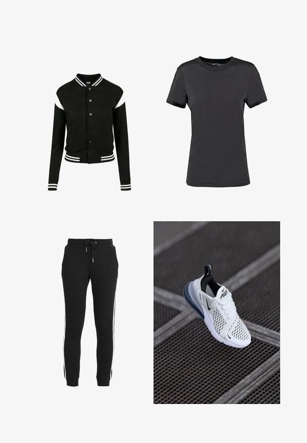 Chaqueta tipo varsity negra con acentos en blanco, puños y dobladillo acanalados, cierre de botones, dos bolsillos laterales, hecha de un tejido suave. Diseño deportivo clásico.; Camiseta de manga corta negra, hecha de tela suave. Presenta un cuello redondo sin patrones ni acentos visibles, ofreciendo un diseño sencillo.; Pantalones de chándal negros fabricados con tejido suave, con un ajuste ceñido, que presentan una cintura con cordón y rayas laterales blancas. Incluyen bolsillos.; Zapatilla deportiva blanca con parte superior de malla, detalles en negro y una almohadilla de aire visible en la suela. Presenta un diseño con cordones y un tirador.