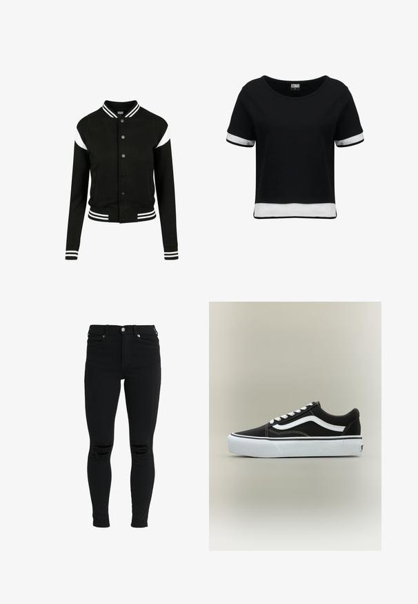 Chaqueta tipo varsity negra con acentos en blanco, puños y dobladillo acanalados, cierre de botones, dos bolsillos laterales, hecha de un tejido suave. Diseño deportivo clásico.; Camiseta negra corta con mangas cortas, que presenta detalles de malla blanca en las mangas y el dobladillo. Tela suave; escote redondeado.; Dr.Denim Petite LEXY - Vaqueros pitillo - black; Zapatilla deportiva negra de corte bajo con raya lateral blanca, cordones blancos, suela de goma blanca y puntera texturizada sobre fondo neutro.