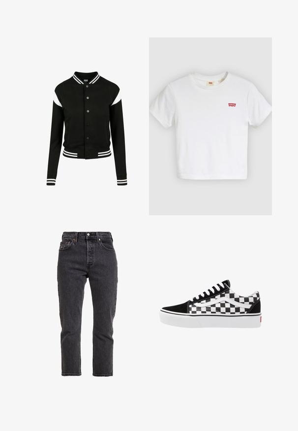 Sort varsityjakke med hvide accenter, ribbede manchetter og kant, knaplukning, to sidelommer, fremstillet af blødt stof. Klassisk sportsdesign.; Hvid T-shirt med korte ærmer og rund halsudskæring med lille rødt Levi's-logo på venstre bryst.; Sorte denimjeans med lige ben, høj talje, fem lommer og metalknaplukning. Subtile teksturer og syninger.; Sorte og hvide ternede lærredsnickers med sorte ruskindsdetaljer, hvide snørebånd og gummisål. Logoet på siden har et kontrastdesign.