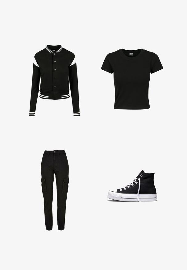 Sort varsityjakke med hvide accenter, ribbede manchetter og kant, knaplukning, to sidelommer, fremstillet af blødt stof. Klassisk sportsdesign.; Sort kortærmet t-shirt lavet af glat bomuldsstof, med rund halsudskæring og en tætsiddende pasform. Ingen synlige mønstre eller accenter.; Sorte cargobukser med høj talje, sidelommer med klapper, forlommer, bæltestropper, knaplukning og elastiske manchetter.; Sort high-top canvas sneaker med hvid gummisål og hvide snørebånd, vist fra siden mod en hvid baggrund.