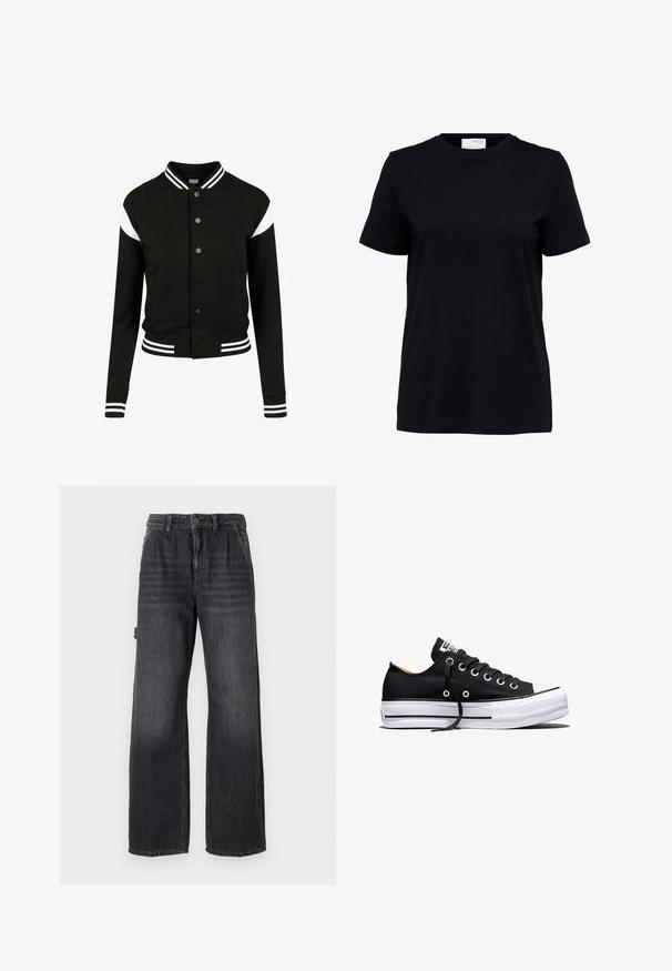 Sort varsityjakke med hvide accenter, ribbede manchetter og kant, knaplukning, to sidelommer, fremstillet af blødt stof. Klassisk sportsdesign.; Sort kortærmet t-shirt med rund halsudskæring, lige kant og en hvid label på bagsiden indeni kraven.; Bredde bukser i mørkegrå denim med høj talje, forlommer og diskret slidmærker på lårene. Kontrastsyning.; Sort lavt sneakers i lærred med hvid sål i gummi, sorte snørebånd og metaløjer på hvid baggrund.
