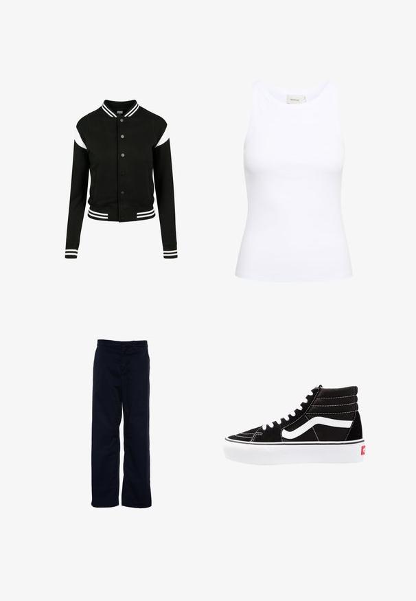 Sort varsityjakke med hvide accenter, ribbede manchetter og kant, knaplukning, to sidelommer, fremstillet af blødt stof. Klassisk sportsdesign.; Hvid ribbet tanktop med rund halsudskæring og uden ærmer. Strækbart stof og tætsiddende design. Etiketten bagpå viser "GESTUZ."; Marineblå bomuldsbukser med lige ben-design, der har en talje og bæltestropper, uden synlige lommer eller mønstre.; Sorte høj-top sneakers med hvide snørebånd, et hvidt logo og kontrasterende hvid syning. Har en tyk hvid sål og struktureret ruskindsoverdel.