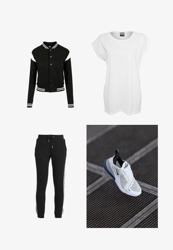 Sort varsityjakke med hvide accenter, ribbede manchetter og kant, knaplukning, to sidelommer, fremstillet af blødt stof. Klassisk sportsdesign.; Hvid kortærmet t-shirt lavet af bomuld, med en afslappet pasform, bred halsudskæring og minimalistisk design uden mønstre eller accenter.; Sorte joggerbukser lavet af blødt stof med en tapered pasform, med en snoretræk i taljen og hvide sidestropper. Inkluderer lommer.; Hvide sportssko med mesh-overdel, sorte detaljer og en synlig luftpude i sålen. Har snørebånddesign og løkke.