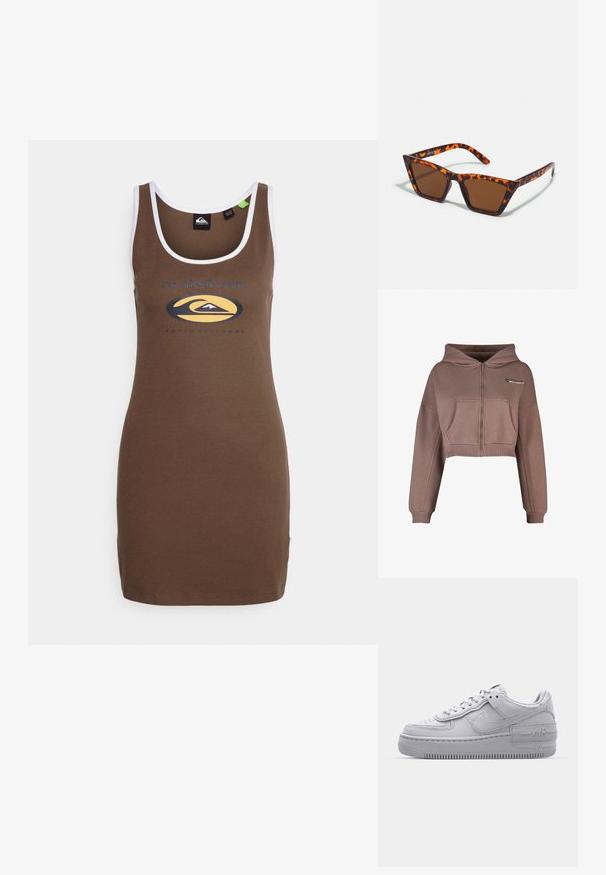Korte, lynlås hættetrøje i afdæmpet brun stof. Har en frontlomme, ribkant forneden og matchende ribbede manchetter. Sportslogo på øverste venstre side.; Quiksilver UNI TANK DRESS - Etuikjole - brown-smu; Grå Nike Air Force 1 sneakers med perforeret tå, glat læderoverdel, tyk sål og præget 'AIR' detalje på hælen.; Brune tonede solbriller med et skildpadde-mønster, vinklede stel og slanke arme. Letvægts plastmateriale.