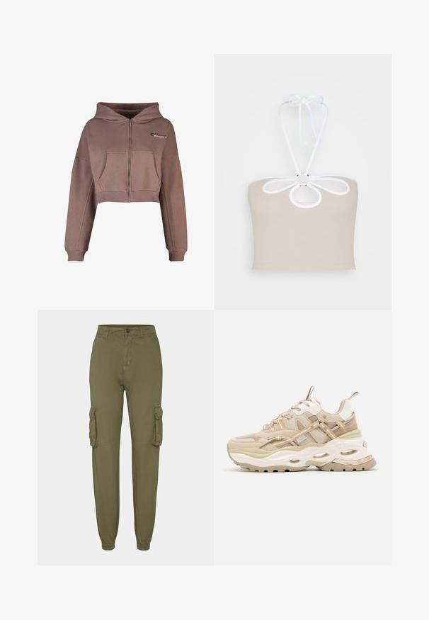 Korte, lynlås hættetrøje i afdæmpet brun stof. Har en frontlomme, ribkant forneden og matchende ribbede manchetter. Sportslogo på øverste venstre side.; Even&Odd Top - taupe; Olivengrønne cargo bukser lavet af blødt stof, med to sidelommer, elastiske manchetter og lukning med frontknap.; Beige og hvide chunky sneakers med tyk sål, mesh- og læderpaneler, ovale udskæringer i mellemsålen, trækstropper på tunge og hæl.