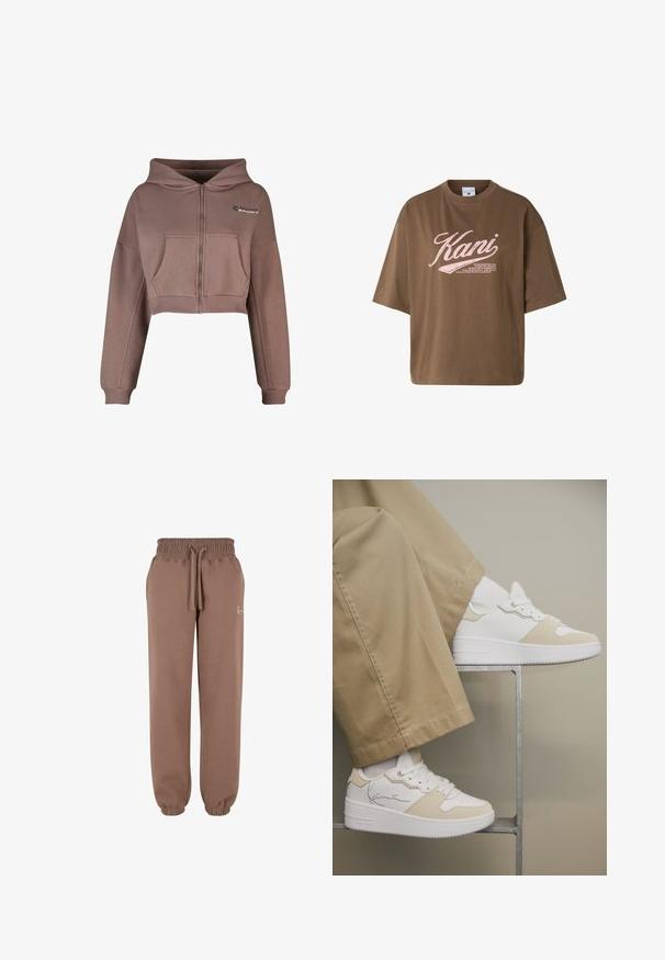 Korte, lynlås hættetrøje i afdæmpet brun stof. Har en frontlomme, ribkant forneden og matchende ribbede manchetter. Sportslogo på øverste venstre side.; Brun oversized T-shirt med korte ærmer med pink "Kani" tekst og mindre hvid tekst underpå foran.; Karl Kani SMALL SIGNATURE ESSENTIAL - Træningsbukser - taupe; Hvide sneakers med beige accenter båret med beige bukser, fødder hvilende på en minimal metalramme mod en neutral baggrund.