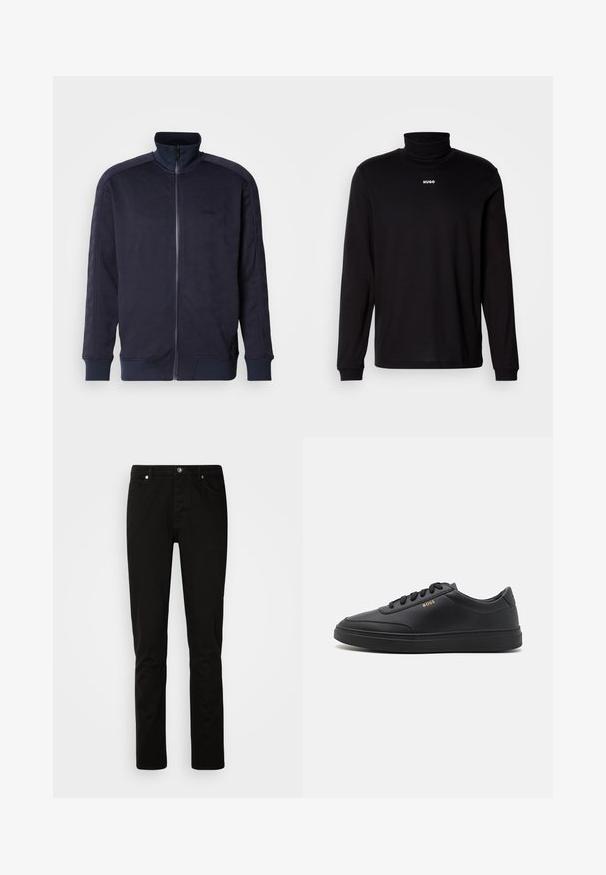 Veste zippée marine avec col montant, surface texturée présentant un motif géométrique, et ourlet et poignets unis contrastants.; T-shirt à col roulé noir à manches longues en tissu lisse, avec un logo "HUGO" blanc sur la poitrine, doté de poignets et d'un ourlet ajustés.; Jeans noirs à jambe droite avec fermeture devant par bouton et fermeture éclair, poches avant et arrière, présentés sur un fond clair uni.; Baskets en cuir noir avec une texture lisse, bout rond, semelle en caoutchouc plate et lacets ton sur ton. Présente une marque "BOSS" dorée sur le côté.