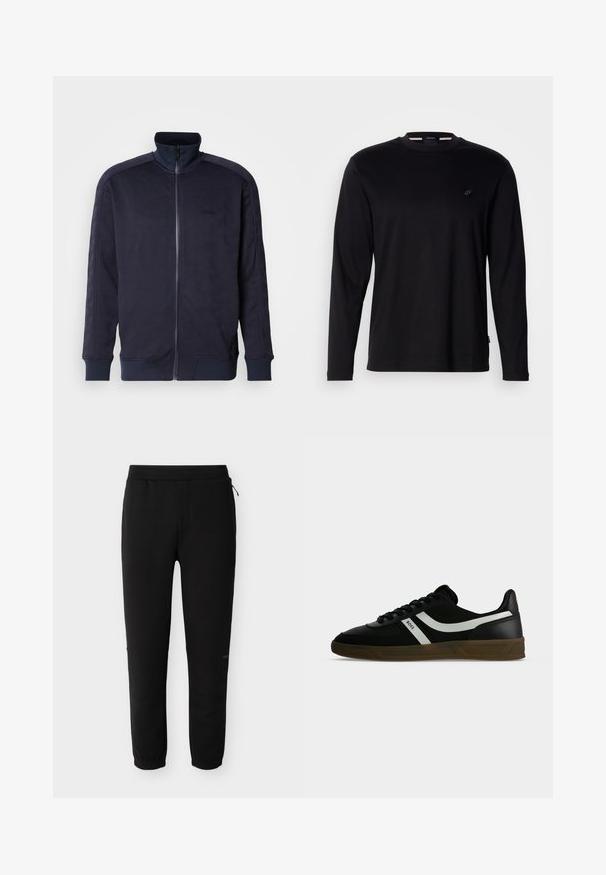 Marineblauwe zip-up jas met hoge kraag, gestructureerd oppervlak met een geometrisch patroon en contrasterende uniforme zoom en mouwen.; Zwart T-shirt met lange mouwen van katoen, met een ronde hals, een klein logo op de borst en een gladde, effen textuur.; Zwarte joggerbroek met elastische tailleband en enkelsluitingen, voorzien van een kleine zijrits en een subtiel merklogo op het rechterbeen.; Zwarte lage sneaker met bruine zool, witte zijstrepen, zwarte veters en tekst "BOSS" aan de zijkant, getoond vanuit het buitenprofiel.