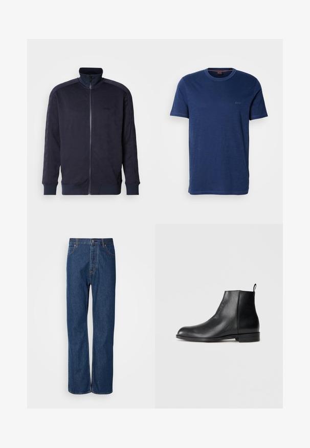 Marineblå zip-up jakke med høj krave, tekstureret overflade med et geometrisk mønster samt kontrasterende ensfarvet kant og mansjetter.; Marineblå T-shirt med korte ærmer, rund hals, lavet af blødt stof med en diskret struktur; har en lille mærkningslogo i øverste venstre hjørne.; Blå denim jeans med lige ben, der har en knaplukning, fem lommer og kontraststikninger langs sømmene.; Sort læder ankelstøvle med lav hæl, rund tå, slids bagpå og glat finish på en ensfarvet hvid baggrund.