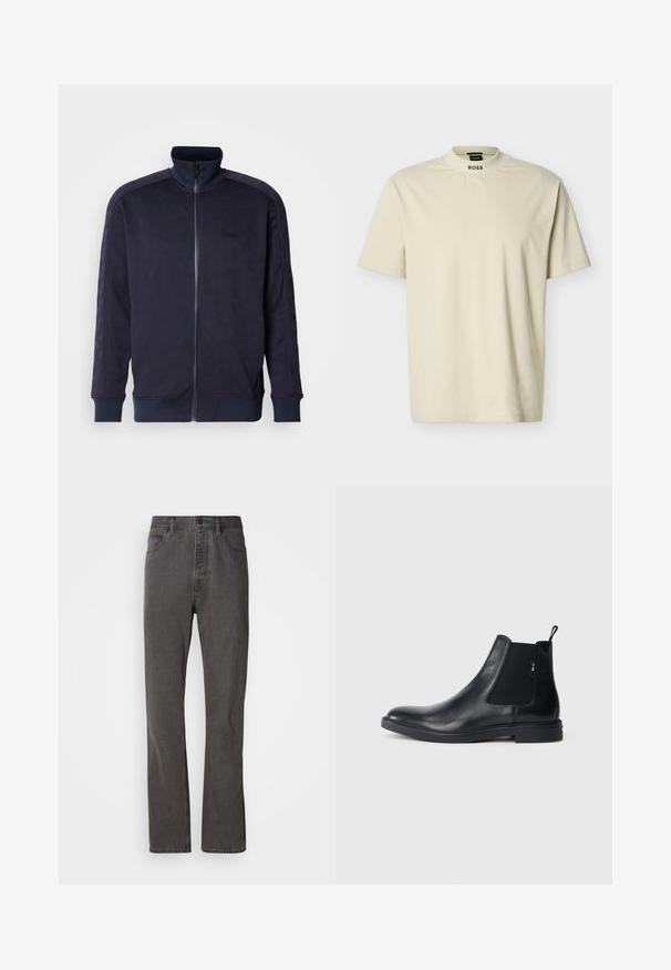 Marineblauwe zip-up jas met hoge kraag, gestructureerd oppervlak met een geometrisch patroon en contrasterende uniforme zoom en mouwen.; Beige T-shirt met korte mouwen, hoge ronde hals en "BOSS" tekst gedrukt aan de voorkant van de kraag.; Grijze spijkerbroek met een rechte pijp, voorzien van voorzakken, een knoopsluiting en een subtiele textuur.; Zwarte leren Chelsea-boots met elastische zijpanelen, een treklipje en een vlakke rubberen zool. Gladde textuur met minimale details.
