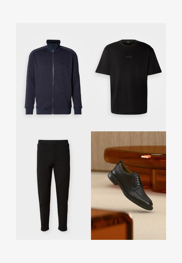 Marineblå zip-up jakke med høj krave, tekstureret overflade med et geometrisk mønster samt kontrasterende ensfarvet kant og mansjetter.; Sort bomulds T-shirt med rund hals, korte ærmer og en diskret "BOSS" logo præget i midten. Simpelt, minimalistisk design.; Sorte slanke bukser med elastisk taljebånd og lynlåslommer i siden, designet til komfort og afslappet brug.; Sort lædersko med snørebånd og tekstureret front, svævende over beige tæppe i et moderne rum med møbler i ravfarvet toning.
