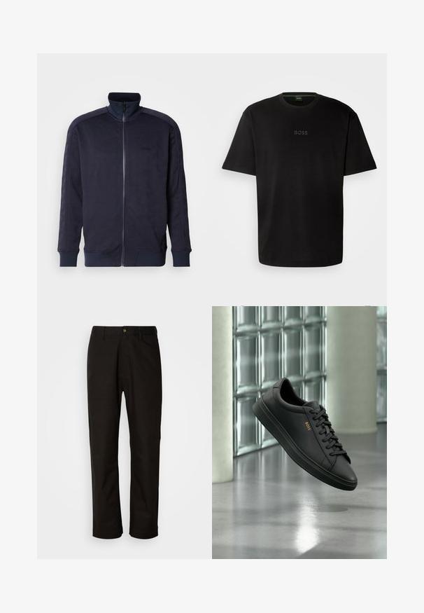 Námornícky zip-up kabát s vysokým golierom, textúrovaný povrch s geometrickým vzorom a kontrastným pevným lemom a manžetami.; Čierne bavlnené tričko s okrúhlym výstrihom, krátkymi rukávmi a jemným embosovaným logom "BOSS" v strede. Jednoduchý, minimalistický dizajn.; Čierne bavlnené nohavice v rovnom strihu, s pútkami na opasok, predným zipsom a jedným zapínaním na gombík. Hladká textúra bez viditeľných vzorov.; Čierna nízka kožená teniska s čiernymi šnúrkami a zlatým logom BOSS na boku, vznášajúca sa nad lesklou sivou podlahou v modernom vnútornom priestore.