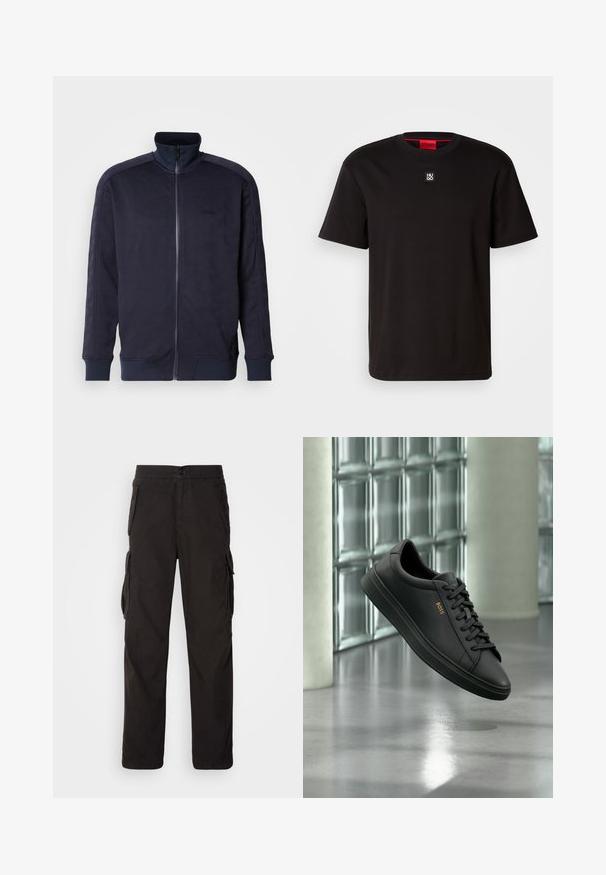 Marineblauwe zip-up jas met hoge kraag, gestructureerd oppervlak met een geometrisch patroon en contrasterende uniforme zoom en mouwen.; HUGO DALILE - T-shirt basic - black; Zwarte cargobroek met een rechte snit, elastische tailleband, meerdere zijzakken en een textiele stof voor duurzaamheid.; Zwarte lage leren sneaker met zwarte veters en gouden BOSS-logo aan de zijkant, zwevend boven glanzende grijze vloer in een moderne binnenruimte.