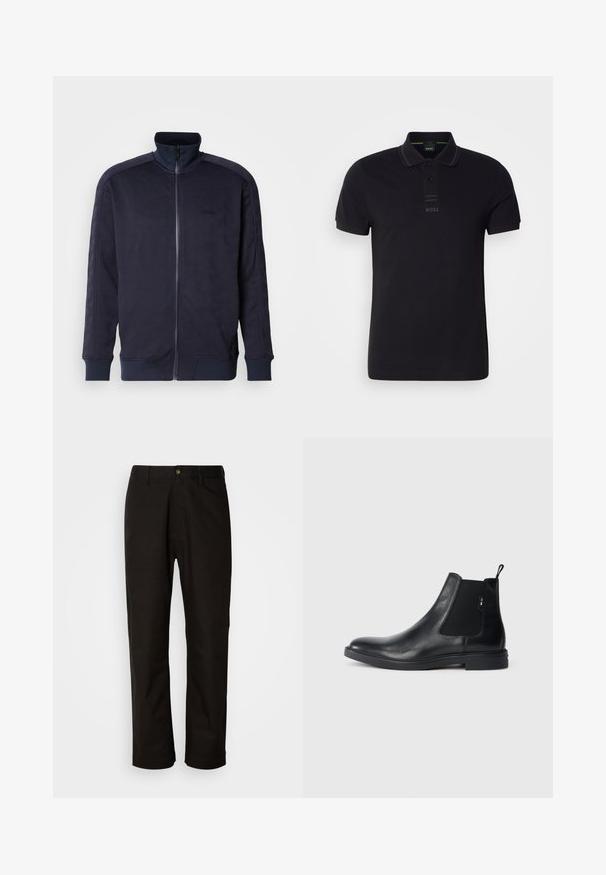 Veste zippée marine avec col montant, surface texturée présentant un motif géométrique, et ourlet et poignets unis contrastants.; Polo noir en coton, présentant un col à revers, des manches courtes, un logo discret sur la poitrine et une texture lisse.; Pantalon en coton noir avec une coupe droite, des passants de ceinture, une fermeture éclair à l'avant et un seul bouton. Texture lisse sans motifs visibles.; Bottines Chelsea en cuir noir avec des panneaux élastiques sur les côtés, une languette arrière et une semelle en caoutchouc plate. Texture lisse avec un minimum de détails.