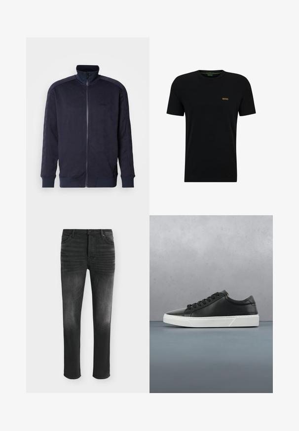 Námornícky zip-up kabát s vysokým golierom, textúrovaný povrch s geometrickým vzorom a kontrastným pevným lemom a manžetami.; Čierne bavlnené tričko s guľatým výstrihom, krátkymi rukávmi a malým zlatým logom na ľavej strane hrudníka. Hladká textúra a jednoduchý dizajn.; Čierne skinny džíny s vyblednutými detailmi, štýl s piatimi vreckami a zapínaním na gombík v páse.; Čierne kožené tenisky s okrúhlou špičkou, textúrovaným povrchom, bielou gumovou podrážkou a čiernymi šnúrkami. Minimalistický dizajn s elegantným profilom.