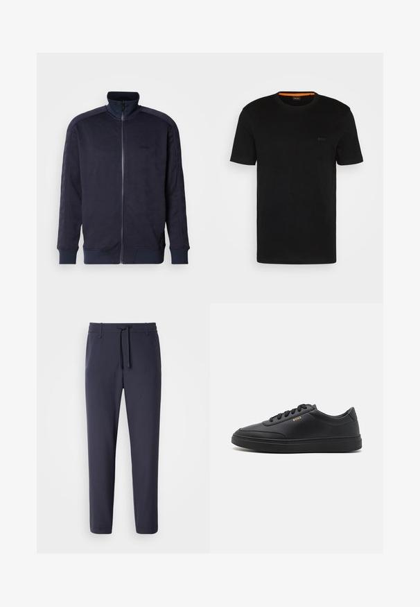 Marineblauwe zip-up jas met hoge kraag, gestructureerd oppervlak met een geometrisch patroon en contrasterende uniforme zoom en mouwen.; Zwarte korte mouwen t-shirt gemaakt van zachte stof, met een ronde halslijn en een subtiel logo op de voorkant. Binnenkant van de kraag heeft een oranje accent.; Marine joggingsbroek met een elastische tailleband en trekkoord. Gemaakt van een glad materiaal, met taps toelopende pijpen en zonder zichtbare zakken.; Zwarte leren sneakers met een gladde textuur, ronde neus, platte rubberen zool en tonale veters. Kenmerkt zich door de gouden "BOSS" branding aan de zijkant.