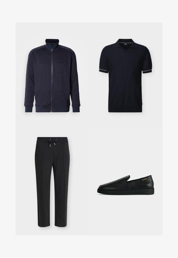 Chaqueta de cremallera azul marino con cuello alto, superficie texturizada que presenta un patrón geométrico y dobladillos y puños en un color liso en contraste.; Camiseta polo negra de manga corta con ribete blanco en los puños y cuello abierto, mostrada sobre un fondo claro y liso.; Pantalones negros ajustados con cintura elástica y cordón, con una sutil textura acanalada vertical.; Zapato negro de cuero sin cordones con suela gruesa y marca "HUGO" en dorado cerca del talón sobre un fondo liso gris claro.