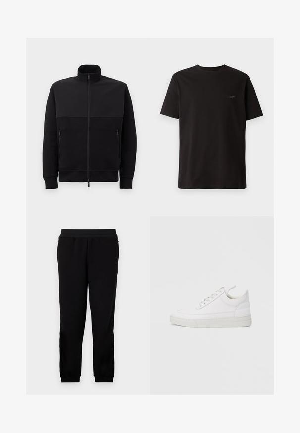 Schwarze Vollzip-Jacke mit hohem Kragen, zwei mit Reißverschluss versehenen Seitentaschen und gerippten Bündchen, flach auf einem weißen Hintergrund ausgelegt.; Schwarzes T-Shirt mit kurzen Ärmeln aus Baumwolle. Hat einen Rundhalsausschnitt und dezente Markenlogo auf der linken Brustseite. Glatte Textur.; Schwarze Sweatpants aus einem weichen Material, mit elastischem Bund, eng anliegenden Bündchen und Seitentaschen für zusätzlichen Komfort.; Weißer Ledersneaker mit abgerundetem Zehenbereich, flacher Sohle und Schnürverschluss. Verfügt über Nahtdetails und einen gepolsterten Kragen für zusätzlichen Komfort.