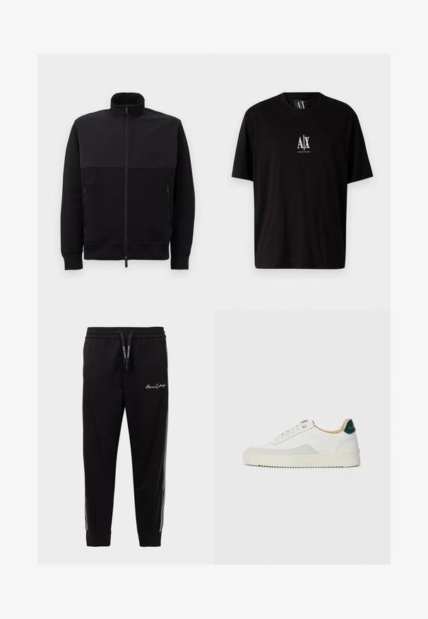 Zwarte full-zip jack met hoge kraag, twee ritszakken aan de zijkanten en geribbelde manchetten, plat gelegd op een witte achtergrond.; Zwarte katoenen t-shirt met korte mouwen, ronde halslijn en een klein wit logo "A|X" gecentreerd op de borst.; Zwarte sweatpants van een katoenmix, voorzien van een geribde tailleband, witte zijstrepen en geborduurd logo op de linker dij.; Witte sneaker met suède accenten, ronde neus, platte veters en een crème rubberen zool. Bevat groene branding op de hiel.