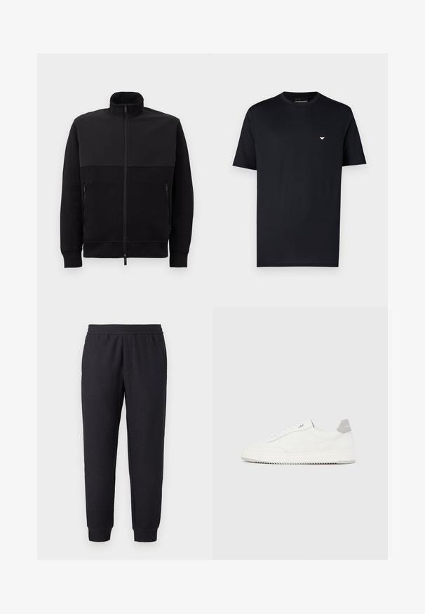 Schwarze Vollzip-Jacke mit hohem Kragen, zwei mit Reißverschluss versehenen Seitentaschen und gerippten Bündchen, flach auf einem weißen Hintergrund ausgelegt.; Schwarzes Baumwoll-T-Shirt mit Rundhalsausschnitt, kurzen Ärmeln und kleinem goldenem Logo auf der Brust. Glatte Textur, Standardpassform.; Schwarze, verjüngte Sweatpants mit elastischem Bund und Bündchen, mit subtil strukturiertem Muster und seitlichen Taschen.; Weißer Sneaker mit niedrigem Schaft, grauem Fersenlaschen, weißen Schnürsenkeln und einer strukturierten Sohle, dargestellt vor einem schlichten hellen Hintergrund.