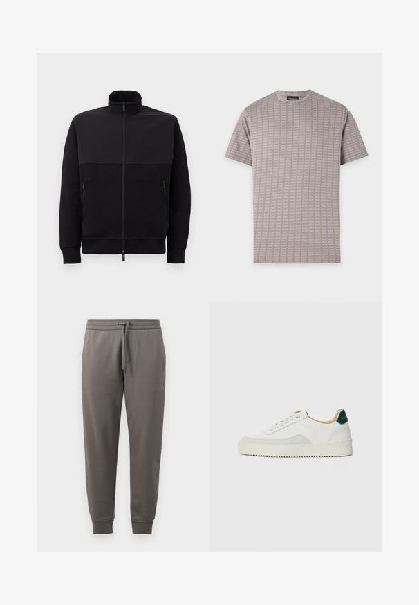 Zwarte full-zip jack met hoge kraag, twee ritszakken aan de zijkanten en geribbelde manchetten, plat gelegd op een witte achtergrond.; Beige T-shirt met korte mouwen, een subtiel geblokt patroon en een klein geborduurd logo op de linkerborst.; Grijze sweatpants met een trekkoord in de taille, taps toelopende benen en geribbelde manchetten. Vlotte textuur, met een subtiele logo-detail.; Witte sneaker met suède accenten, ronde neus, platte veters en een crème rubberen zool. Bevat groene branding op de hiel.