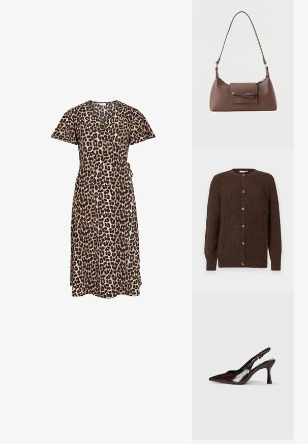 Cardigan en maille texturée marron avec un col rond et six boutons sur le devant, des manches longues et des poignets côtelés.; Robe portefeuille longueur genou avec manches courtes en motif léopard, avec ceinture à nouer sur le côté et décolleté en V.; Talons slingback en cuir verni brun avec un bout pointu, un talon fin, et une sangle réglable avec une petite boucle.; Sac à bandoulière en cuir marron avec une poche à rabat avant ornée d'un détail en forme de nœud cousu et une sangle réglable.