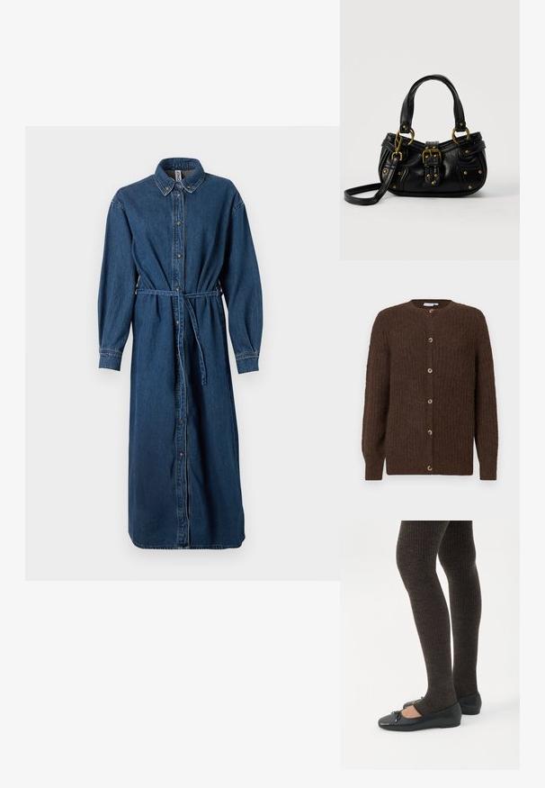 Brun struktureret strik cardigan med rund halsudskæring og seks knapper foran, lange ærmer og ribbede manchetter.; Denim skjorte kjole i mørkeblå, med knaplukning foran, krave, lange ærmer, elastisk talje med en matchende bælte og side lommer.; Ben iført mørke ribbede leggings kombineret med sorte balletsko med små sløjfedetaljer på hvid baggrund.; Sort læderhåndtaske med guldbælge og nitdetaljer, korte håndtag og en justerbar skulderrem på en ensfarvet hvid baggrund.